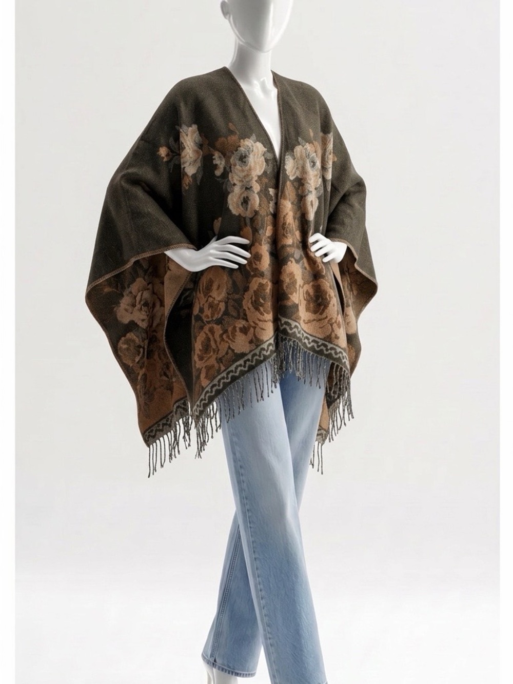 Vintage Cottagecore 70s Boho Floral Blanket Shawl Wrap Fringed Poncho OS